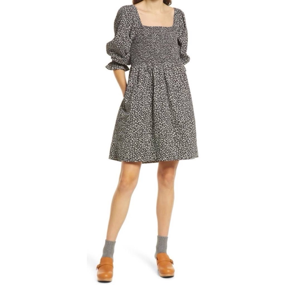 Madewell Lucie Elbow-Sleeve Smocked Floral Print Dress